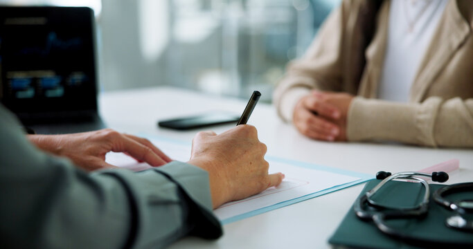 Hands, patient and doctor writing in appointment for medical history, health survey and diagnosis. Healthcare, people and expert with notes in consultation for consent form and prescription in clinic