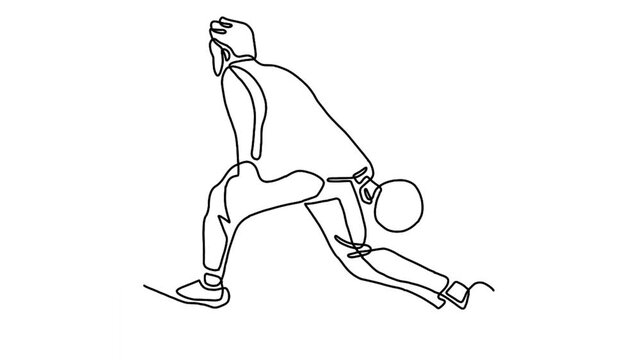 continuous line animation of bowling player throw ball into lane to hit the pin