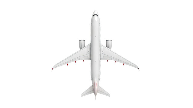 Top-down view of a white commercial airplane against a white background