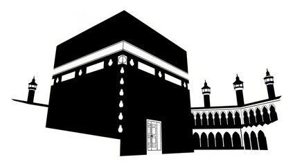 Obraz premium Kaaba Building Mosque Islamic Holy Site Black and White Illustration