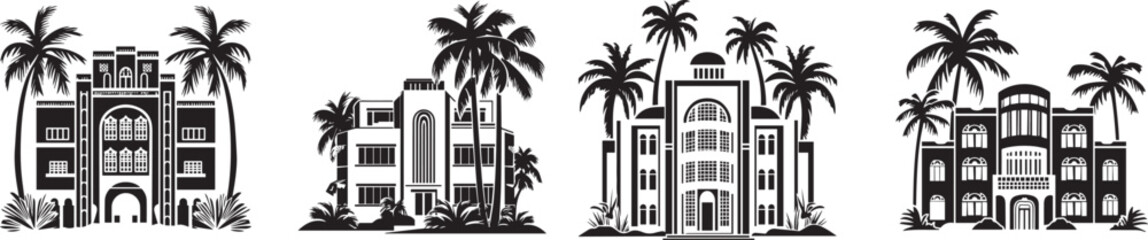 Tropical Paradise Silhouette: A stylized collection of tropical buildings, each framed by swaying palm trees, creates a serene coastal scene.