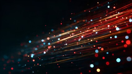 Abstract digital background with vibrant light streaks and bokeh particles creating a dynamic and energetic visual representation of data flow.