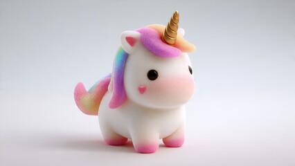 Adorable white unicorn figurine with rainbow mane and golden horn, studio shot on a plain background.