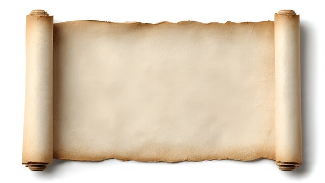 An antique blank parchment scroll unrolled with curled ends on a white background, ready for text or design. - Powered by Adobe