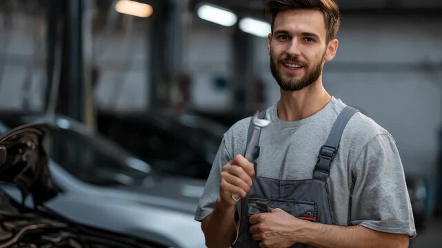 Smiling mechanic holding a wrench in a modern auto repair shop while working on a car during the day