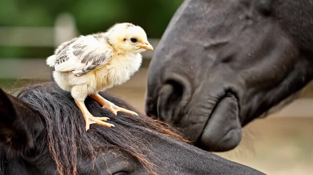 Chick and Horse's Friendship: A charming scene unfolds as a small, fluffy chick perches upon the mane of a majestic horse, their interaction highlighting an unlikely bond.