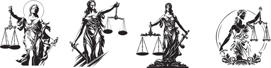 Justice's Scales: An artistic display showcasing the embodiment of justice, with detailed illustrations of Lady Justice holding scales, symbolizing fairness and legal balance.