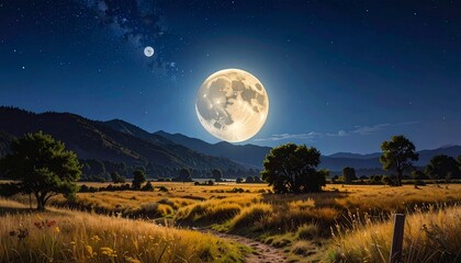Full Moon Rising Over Golden Wheat Field at Twilight with Silhouetted Trees and Mountains