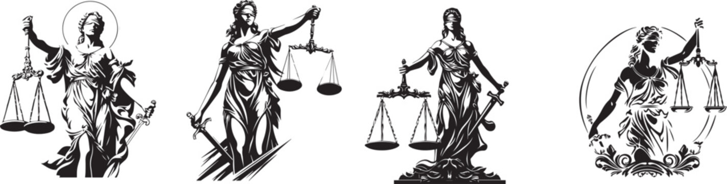 Justice's Scales: An artistic display showcasing the embodiment of justice, with detailed illustrations of Lady Justice holding scales, symbolizing fairness and legal balance.