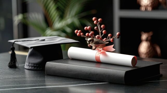 a classic black academic cap mortarboard and a rolled diploma tied with a red ribbon, placed on a dark oak desk