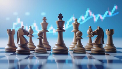 Strategic business chess pieces with financial stock market trading graph
