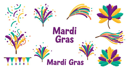 Colorful Mardi Gras icons and symbols, including festive floral designs and banners, arranged on a clean white background with purple, green, and yellow hues, conveying a celebratory mood.