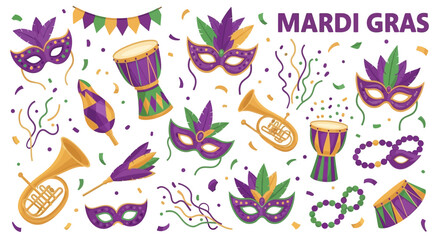Colorful Mardi Gras elements and icons, including masks, beads, and horns, arranged on a white background with purple, green, and gold hues, conveying a festive atmosphere.