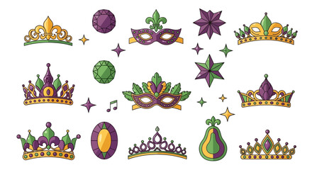 Mardi Gras icons and symbols, including colorful masks, crowns, stars, and beads, arranged on a white background in a festive and celebratory composition.