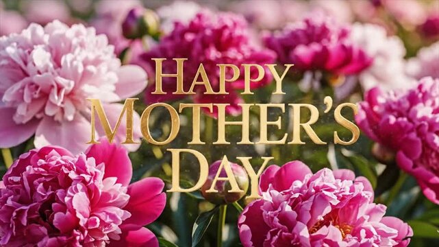 Golden Happy Mother's Day text reveal on blooming pink peony flowers background, glittering cinematic animation 4k video animation seamless loop
