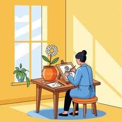 Fototapeta premium Artist painting daisy flower in pottery on easel at desk, natural light from window