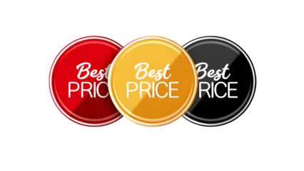 three circular best price badges in red gold and black against a dark background