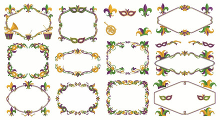 Collection of mardi gras themed frames and icons with colorful masks, beads, and fleur-de-lis on a white background, featuring various shapes and illustrations. © Cintarsih