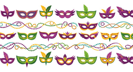 Colorful mardi gras masks and beads arranged in rows on a white background with mardi gras elements and symbols. © Cintarsih