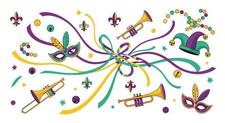 Vibrant mardi gras elements illustration with mardi gras masks, trumpets, ribbons, and fleur-de-lis symbols on a white background, conveying a festive and celebratory mood with a flat lay © Cintarsih