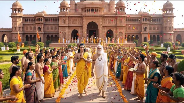 A grand royal celebration unfolds with a procession in the palace courtyard, radiating splendor, joy, and regal magnificence.