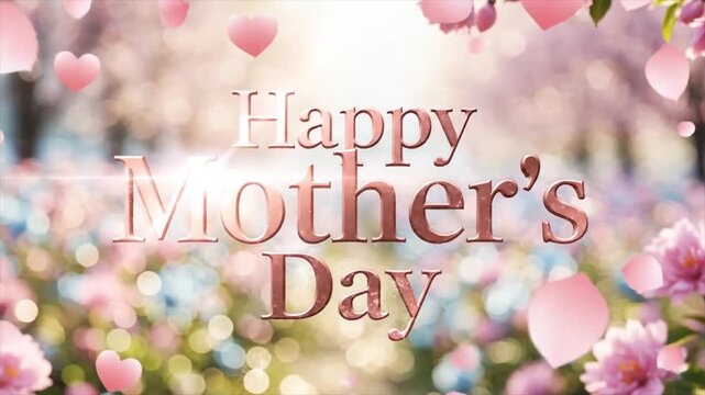 Happy Mother's Day Greeting Animation with Falling Pink Hearts and Petals. Bokeh Spring Floral Background. 4k video animation seamless loop