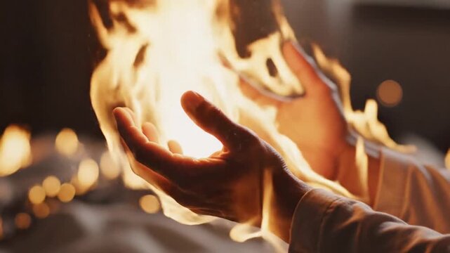 Symbolic holy spirit fire glowing in cupped human hands. 4K Video