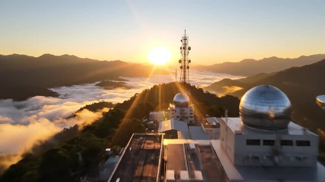 Aerial view of a communications complex atop a mountain at sunrise, with dish antennas