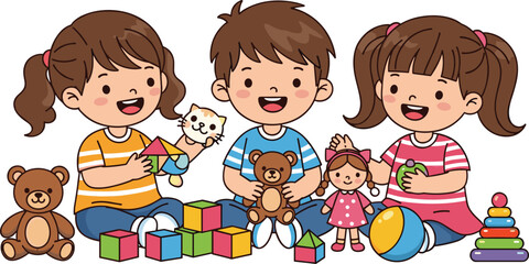 Cartoon children playing with toys including blocks, teddy bear, doll, and stacking rings, early childhood development theme illustration, transparent background graphic