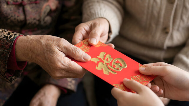 Close-up shot an elderly hand passing a red envelope (angpao) to a younger hand