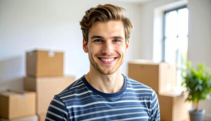 Smiling Man in Striped Shirt Poses Near Moving Boxes and Houseplant with Natural Light
