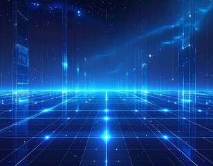 Abstract digital futuristic blue grid landscape with glowing lines and particles on a starry background, representing technology and data