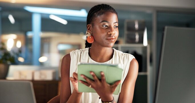 Creative, computer and woman with tablet, office and trend research for ad campaign or working late. Digital marketing, social media manager and black person with tech for project and online at night