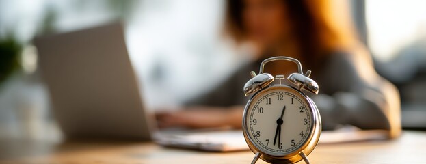 Woman working on laptop with alarm clock on table in home office, time management concept 
