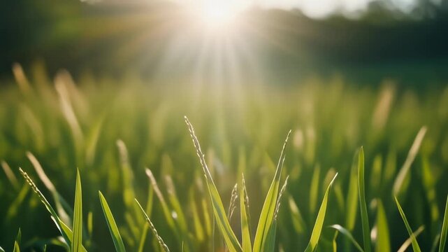 vertical 9-16 30fps soft motion of delicate grass blades with sunlight flare in Unreal. 