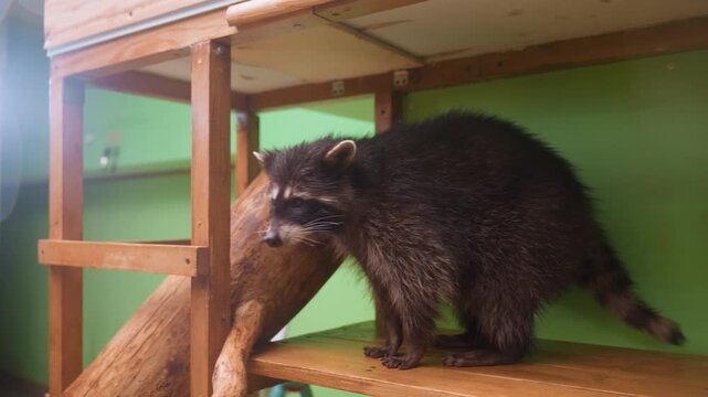 Studio shelf raccoon explores wooden platform, balanced steps across beams and logs, green backdrop and equipment glimpses, lively paw reaches and cautious descent, agile masked face and striped tail,