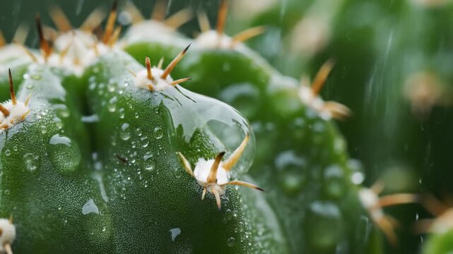 Cactus and Rain: A captivating close-up of a verdant cactus, its surface glistening with raindrops, showcasing nature's delicate interplay of texture and moisture.