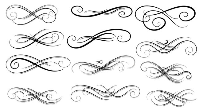 Large set of elegant calligraphic flourishes and decorative swirls for sophisticated typography and formal invitation designs.