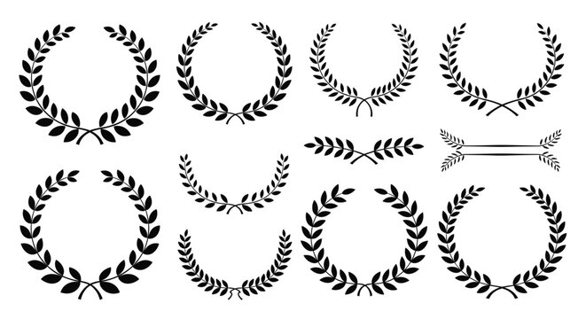Elegant collection of black leaf wreaths and semi circular floral borders for classical and sophisticated graphic design projects.