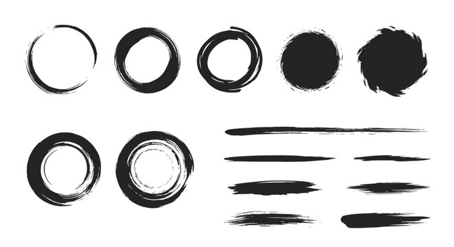Artistic collection of black brush stroke circles and horizontal lines with heavy textures for expressive graphic design work.