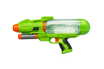 Green plastic water gun toy for summer play and outdoor fun, ready for a refreshing water fight on a transparent background