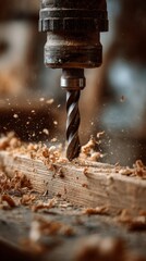 Wood drill creating shavings while drilling into a wooden plank, closeup vertical photo