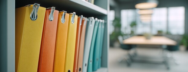 File folders in various colors on a shelf in a modern office  