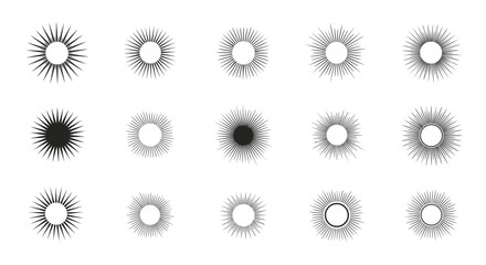 Variety of sunburst and starburst symbols in black and white featuring thin radiating lines for vintage and retro design themes.