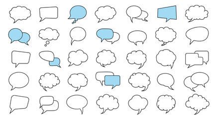 Huge variety of speech bubble icons in many shapes and sizes featuring white and light blue fills for communication design.