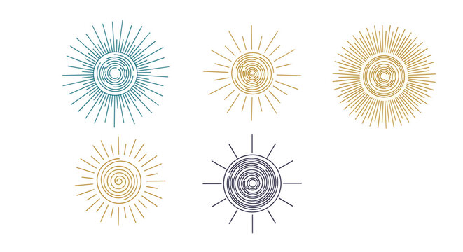 Collection of artistic sun and star icons featuring colorful spiraling centers and long radiating rays for creative graphics.
