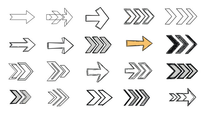 Assorted right pointing arrows and chevrons in various sketchy hand drawn styles including filled and outline versions for navigation.