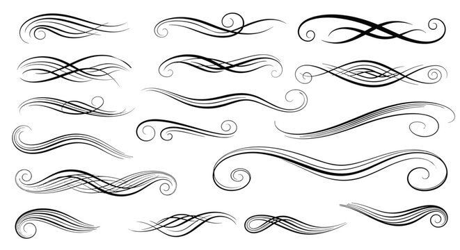 Collection of elegant black calligraphic flourishes and decorative swash elements for high end wedding and invitation design.