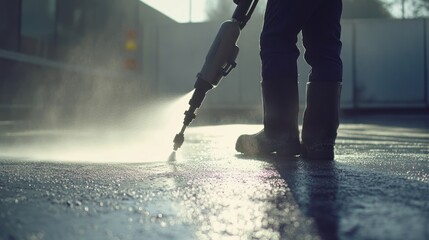 Obraz premium Dynamic shot of a person utilizing a powerful high-pressure water sprayer to thoroughly clean a wet outdoor paved surface, effectively removing dirt and grime with a forceful jet