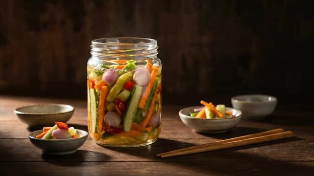Homemade pickled vegetables in glass jar with cucumbers carrots and shallots on rustic wooden table